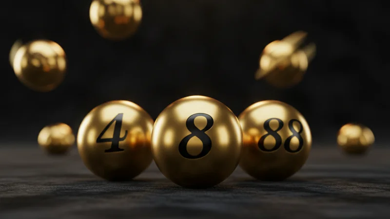 Glossy golden lottery balls with numbers 4, 8 and 88 on dark velvet