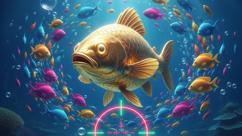 Golden trophy fish in a vibrant underwater arcade scene with a targeting crosshair
