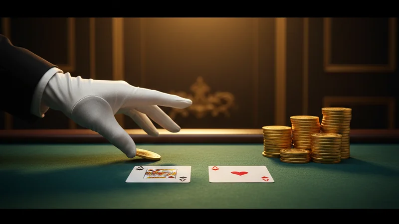 Baccarat table with two aces, golden chips and a dealer's white-gloved hand