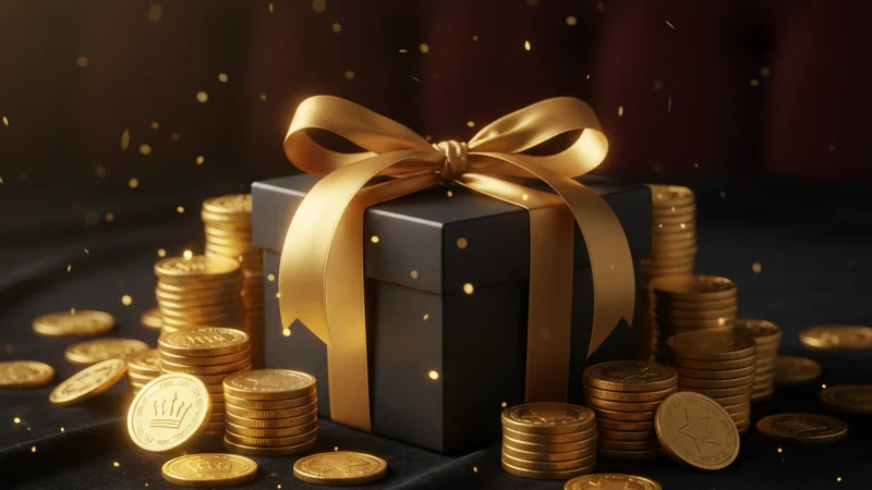 Black gift box with gold ribbon surrounded by stacks of casino chips and coins