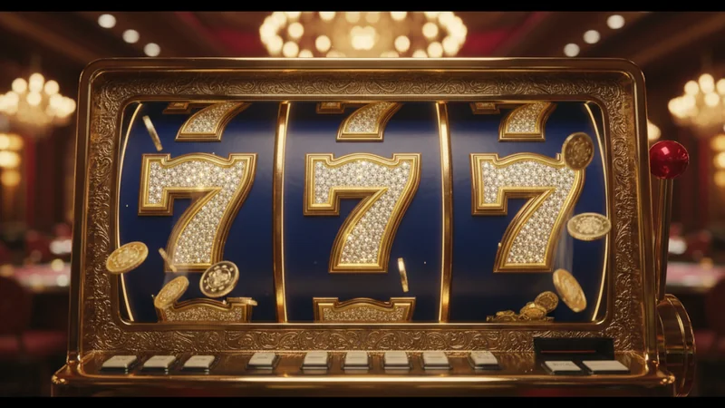 Three golden lucky sevens on a luxury slot machine with cascading coins