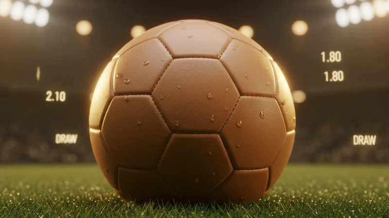 Leather football on stadium grass at golden hour with floodlight bokeh