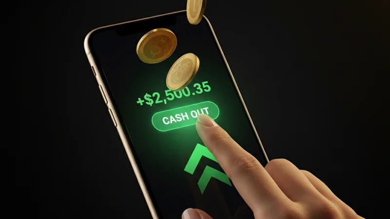 Hand pressing a green Cash Out button on a smartphone with rising profits and gold coins