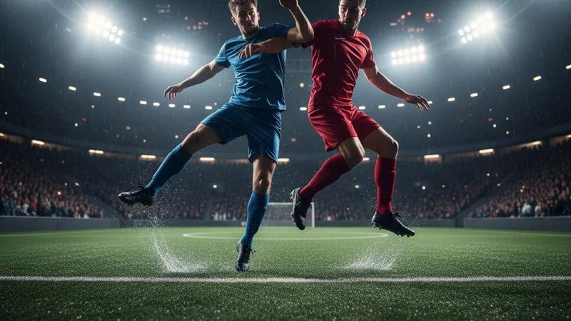 Soccer players competing with glowing live betting odds on a floodlit stadium pitch