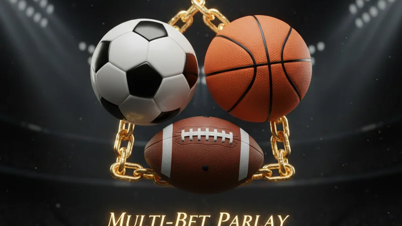 Soccer ball, basketball and American football linked by golden chains for parlay bets